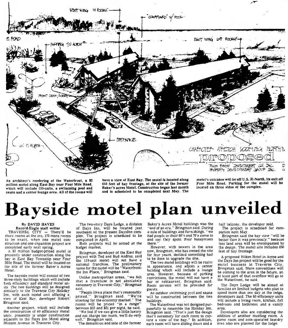 Bakers Acres Motel and Cottages (Waterfront Inn, Tamarack Lodge) - Nov 4 1977 Article On New Development